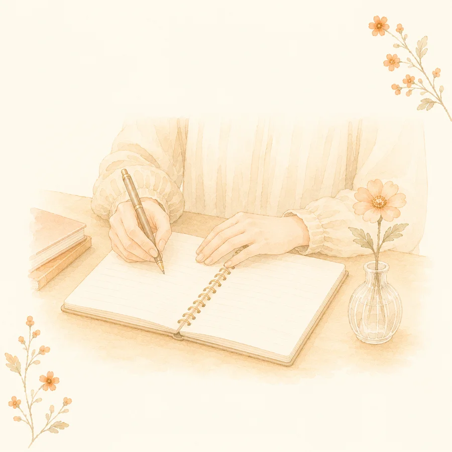 訪問記録をノートに書き込む手元の水彩イラスト
